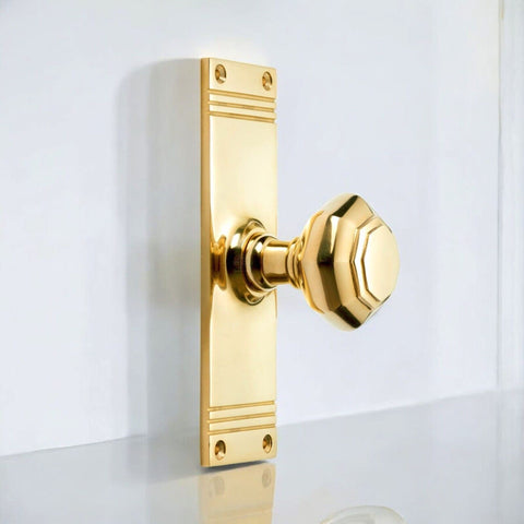 Solid Polished Brass Octagonal on Backplate Door Knobs Mortice Pair Regency