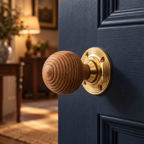 Teak wood beehive door knob with unlacquered polished brass reeded backplate fitted to a dark blue panelled interior door