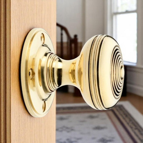 Unlaquered Polished Brass Ringed Christoph Mortice Door Knob Pair AW303-50-UB