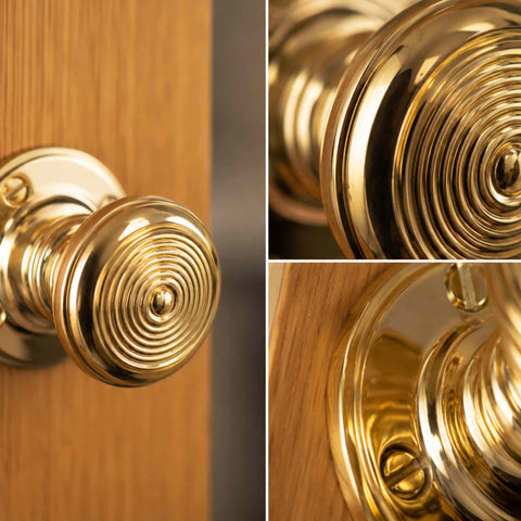 Close-up collage of Unlacquered Polished Brass Ringed Christoph Mortice Door Knob highlighting concentric ring detailing, polished finish and fixing plate