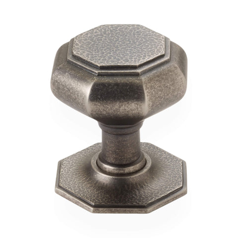Very large pewter hammered octagonal centre door knob front view with matching octagonal backplate
