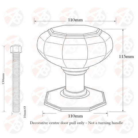 Technical line drawing of very large octagonal centre door knob showing 110mm diameter, 115mm projection and 130mm x 10mm fixing bolt, decorative pull only
