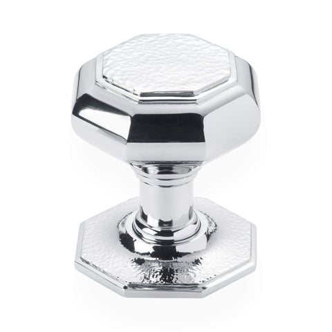 Very large polished chrome hammered octagonal centre door knob front view with matching octagonal backplate