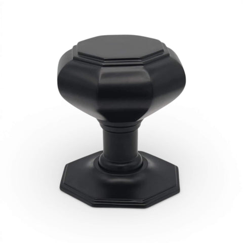 Very large powder coated black octagonal centre door knob with matching backplate on white background
