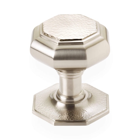 Very large satin nickel hammered octagonal centre door knob front view with matching octagonal backplate