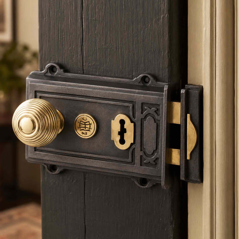 Close-up of Victorian pewter Davenport rim lock with polished brass beehive knob and brass keep fitted to a traditional timber door