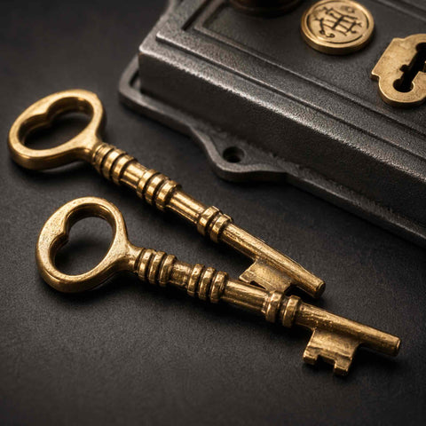 Pair of traditional brass keys supplied with Victorian pewter Davenport rim lock and polished brass beehive door knob set