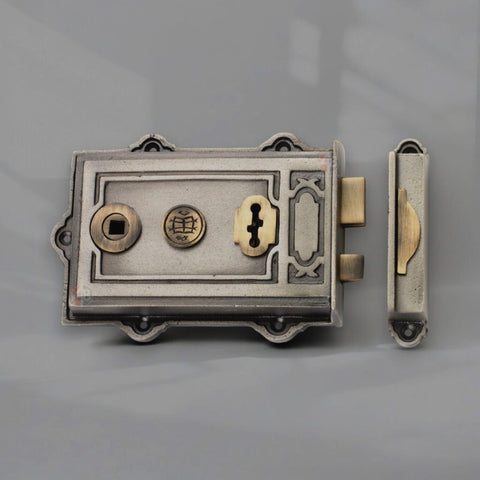 Victorian Style Cast Iron Pewter & Antique Brass Davenport Door Rim Lock Keys