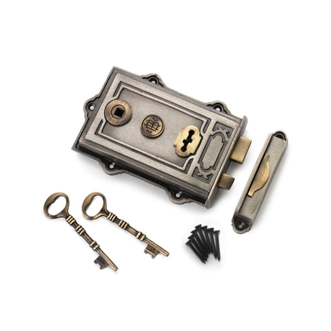 Victorian Style Cast Iron Pewter & Antique Brass Davenport Door Rim Lock Keys