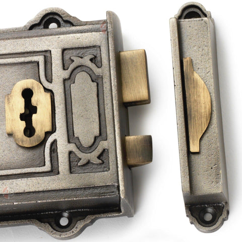Victorian Style Cast Iron Pewter & Antique Brass Davenport Door Rim Lock Keys