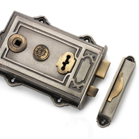 Victorian Style Cast Iron Pewter & Antique Brass Davenport Door Rim Lock Keys