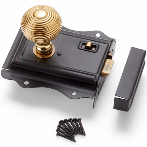 Vintage Retro Classic Black Antique Rim Door Lock Aged Brass Beehive Knob Set