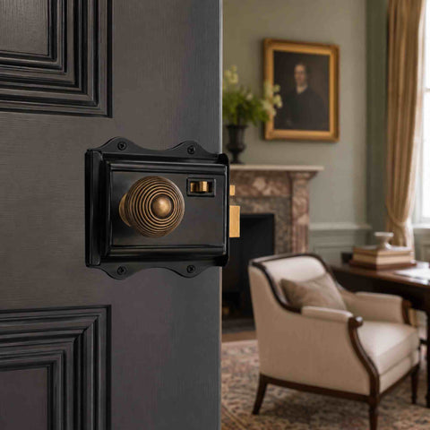 Black Olde Victorian style rim lock fitted to an interior door with an antique brass beehive rim door knob in a traditional living room setting.