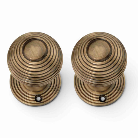 Top view of a pair of antique brass beehive rim mortice door knobs with matching circular backplates on a white background.